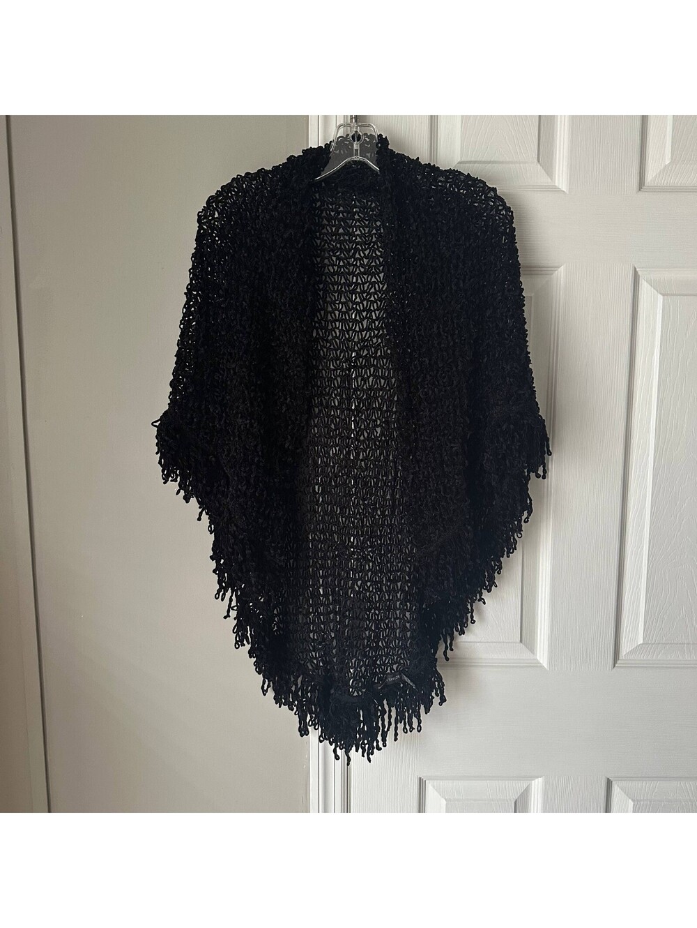 Vintage Morgan Taylor Black Knit Shawl with Fringe Made in Italy